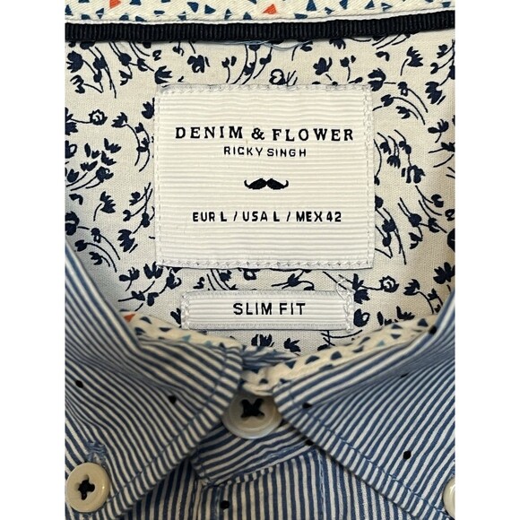 DENIM & FLOWER RICKY SINGH  Mens Shirt Large Blue Short Sleeve Button Slim Fit - Picture 2 of 15